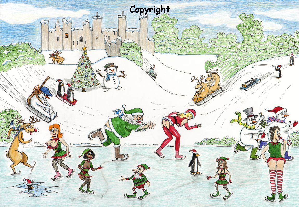 Christmas card Framlingham Castle with Ed Sheran as a snowman.